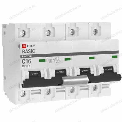 Автоматический выключатель 4P 16А (C) 10kA ВА 47-100 EKF Basic