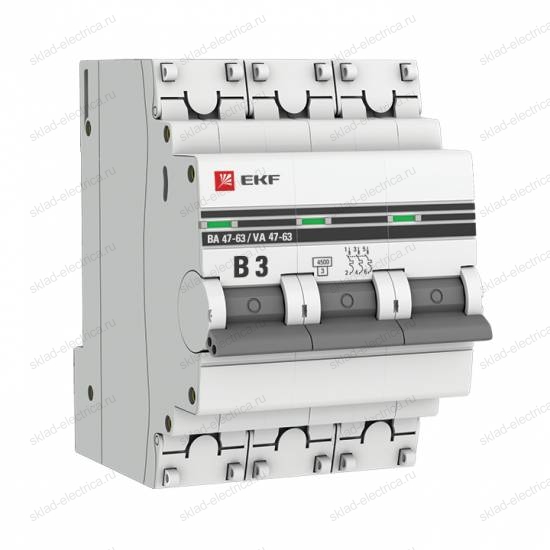 Автоматический выключатель 3P 3А (B) 4,5кА ВА 47-63 EKF PROxima