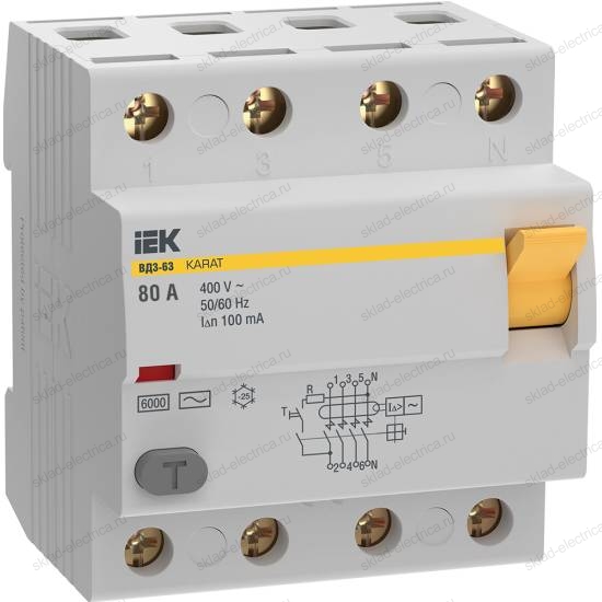 Выключатель дифференциальный (УЗО) KARAT ВД3-63 4P 80А 100мА 6кА тип AC IEK
