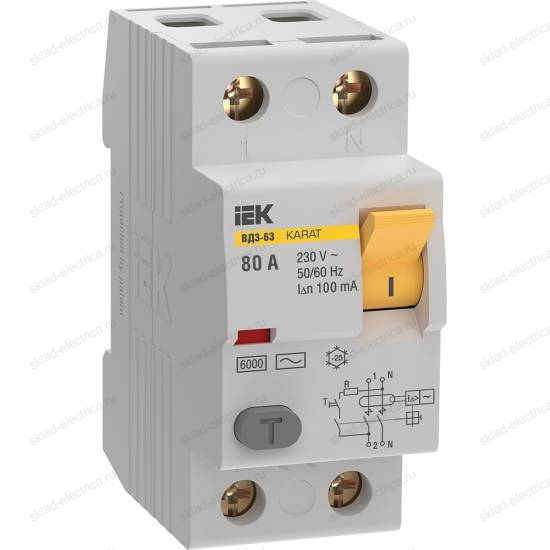 Выключатель дифференциальный (УЗО) KARAT ВД3-63 2P 80А 100мА 6кА тип AC IEK