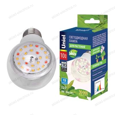 LED-A60-10W/SPFB/E27/CL PLP30WH Лампа светодиодная для растений. Форма "A", прозрачная. Спектр для фотосинтеза. Картон. ТМ Uniel