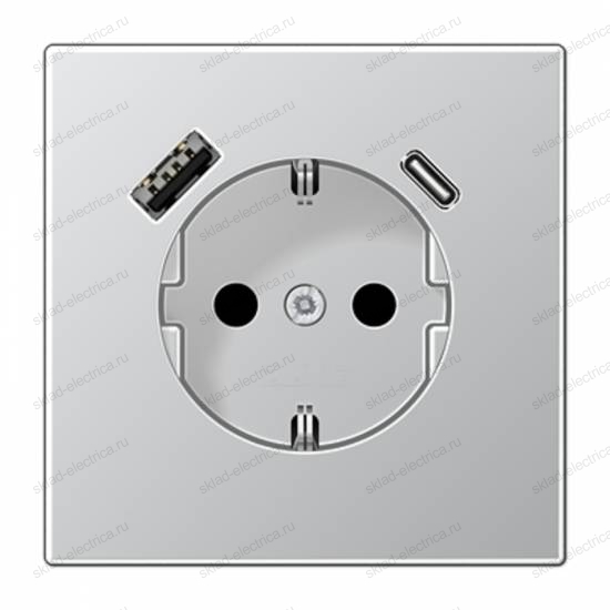 Розетка 2К+З 16А 250В~, с разъемом USB Typ AC, цвет Алюминий - металл