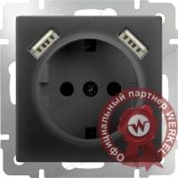 Розетка с заземлением, шторками и USBх2 черная матовая Werkel W1171508