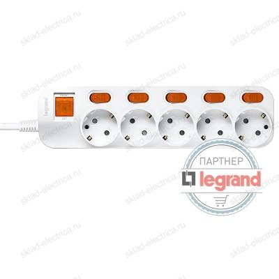 Удлинитель 5 постов Legrand Anam e-Fren с выключателем+ индивидуальным выкл, 2,5м, 16A L855962D2