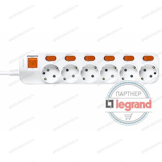 Удлинитель 6 постов Legrand Anam e-Fren с выключателем+ индивидуальным выкл, 4,5м, 16A L855962E4