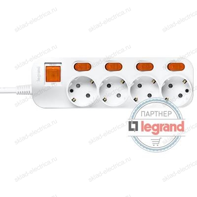 Удлинитель 4 поста Legrand Anam e-Fren с выключателем+ индивидуальным выкл, 2,5м, 16A L855962C2